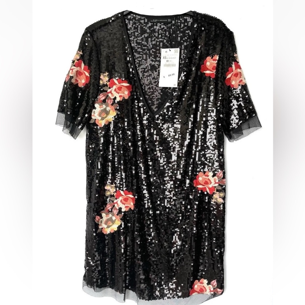 Zara Black Sequin Dress with Floral Accents size XS NEW - Picture 4 of 10
